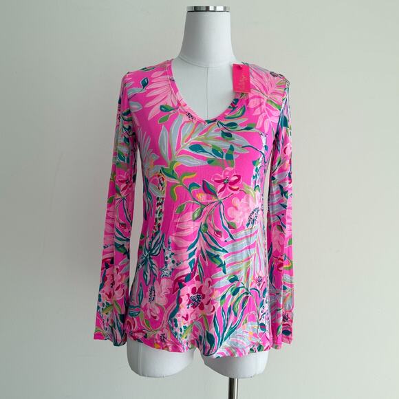 Lilly Pulitzer Top Womens XS Pink Floral Long Sleeve PJ Knit Plumeria I'm feline - Picture 1 of 10
